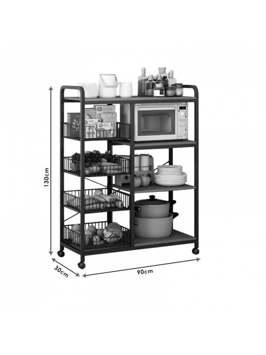 Τρόλεϊ-ραφιέρα 4όροφη Noli pakoworld MDF καρυδί-μαύρο 90x30x130εκ