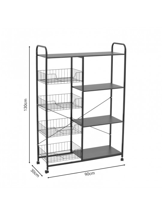 Τρόλεϊ-ραφιέρα 4όροφη Noli pakoworld MDF καρυδί-μαύρο 90x30x130εκ