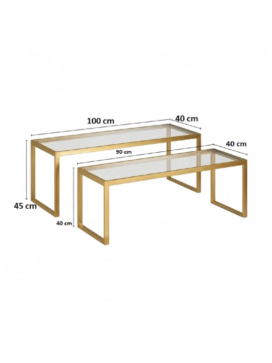 Τραπέζι σαλονιού Redro pakoworld σετ 2τεμ χρυσό μέταλλο-γυαλί 100x40x45εκ
